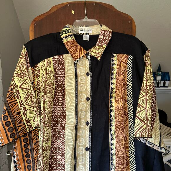 Vintage we be bop women’s 3X short sleeve button up top linen blend tribal - Picture 2 of 9